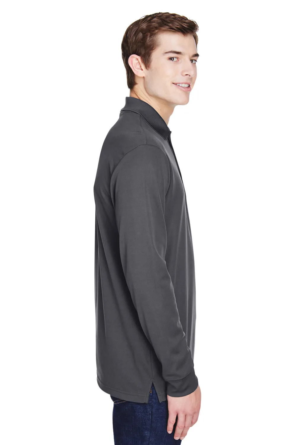 Core 365 Mens Pinnacle Performance Moisture Wicking Long Sleeve Polo Shirt w/ Pocket - Carbon Grey