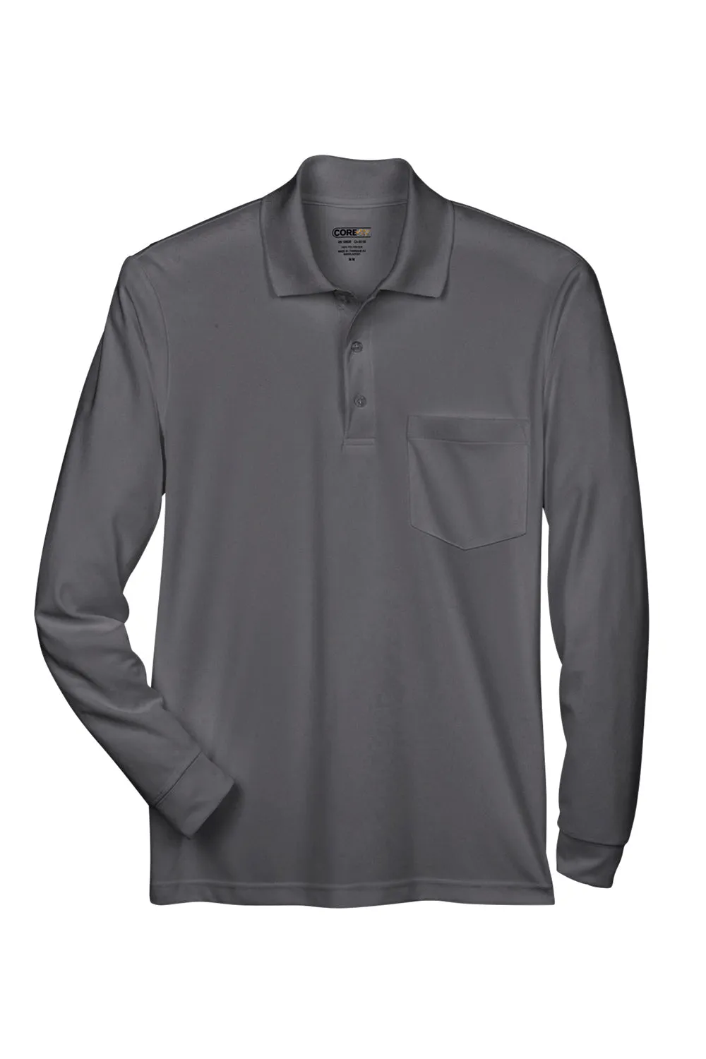 Core 365 Mens Pinnacle Performance Moisture Wicking Long Sleeve Polo Shirt w/ Pocket - Carbon Grey