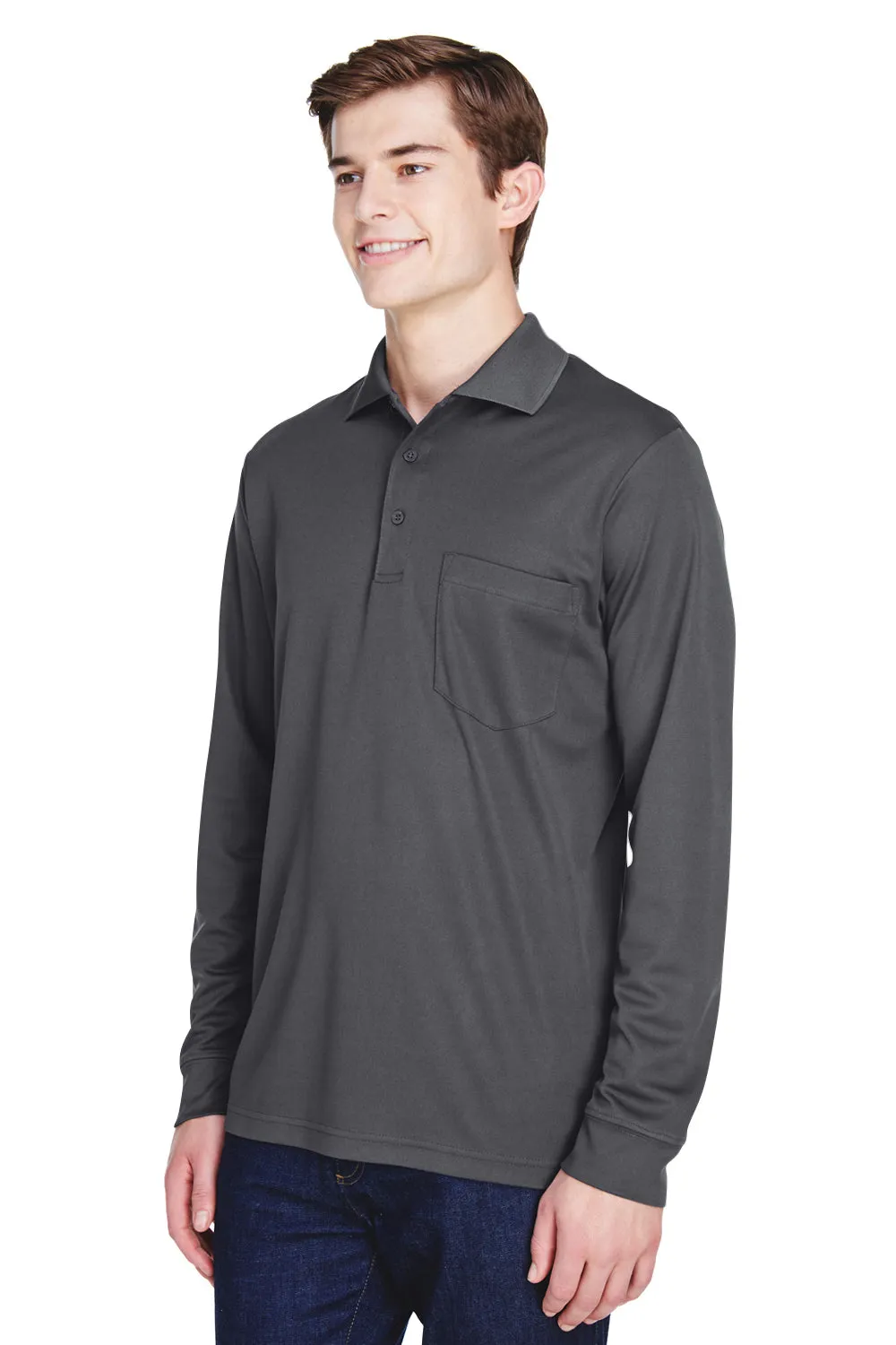 Core 365 Mens Pinnacle Performance Moisture Wicking Long Sleeve Polo Shirt w/ Pocket - Carbon Grey