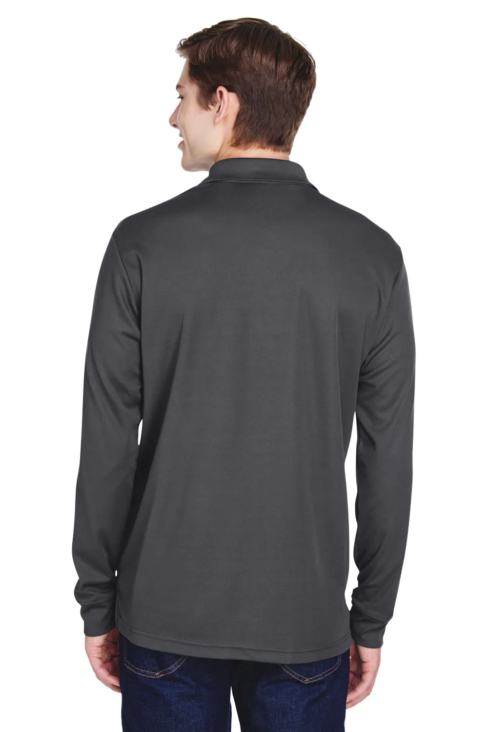 Core 365 Mens Pinnacle Performance Moisture Wicking Long Sleeve Polo Shirt w/ Pocket - Carbon Grey