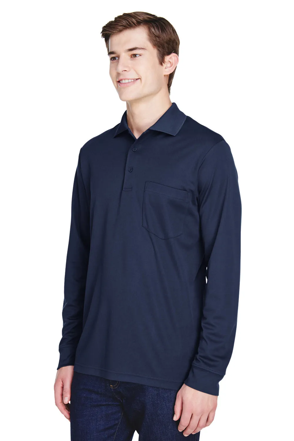 Core 365 Mens Pinnacle Performance Moisture Wicking Long Sleeve Polo Shirt w/ Pocket - Classic Navy Blue