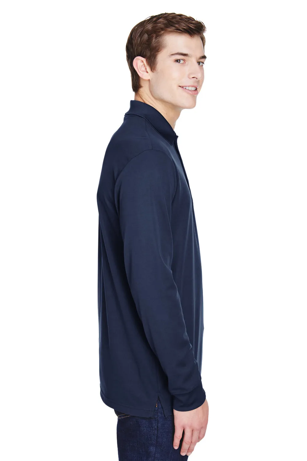 Core 365 Mens Pinnacle Performance Moisture Wicking Long Sleeve Polo Shirt w/ Pocket - Classic Navy Blue