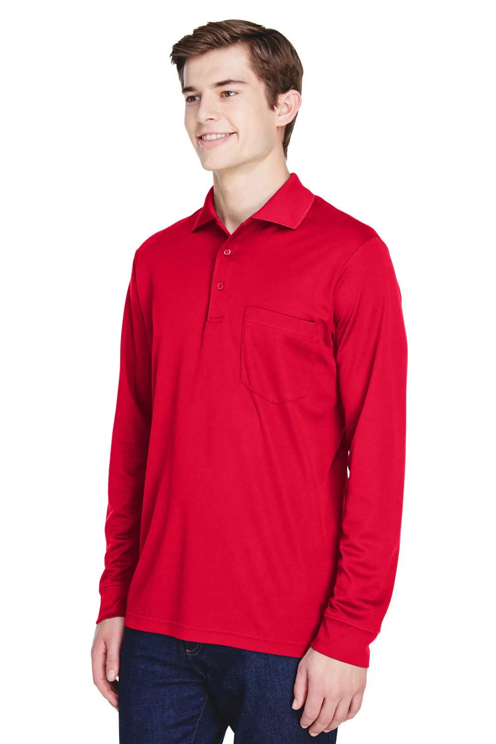 Core 365 Mens Pinnacle Performance Moisture Wicking Long Sleeve Polo Shirt w/ Pocket - Classic Red