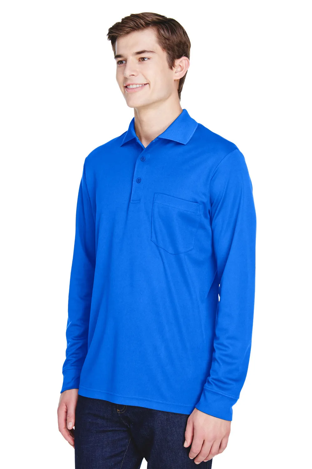 Core 365 Mens Pinnacle Performance Moisture Wicking Long Sleeve Polo Shirt w/ Pocket - True Royal Blue