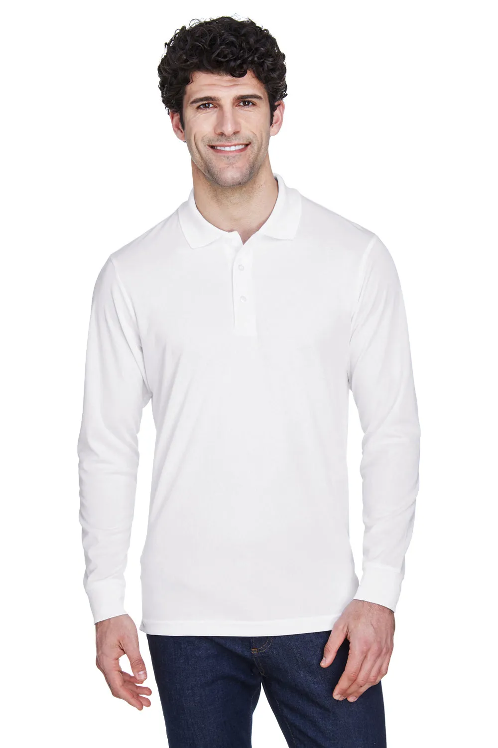 Core 365 Mens Pinnacle Performance Moisture Wicking Long Sleeve Polo Shirt - White