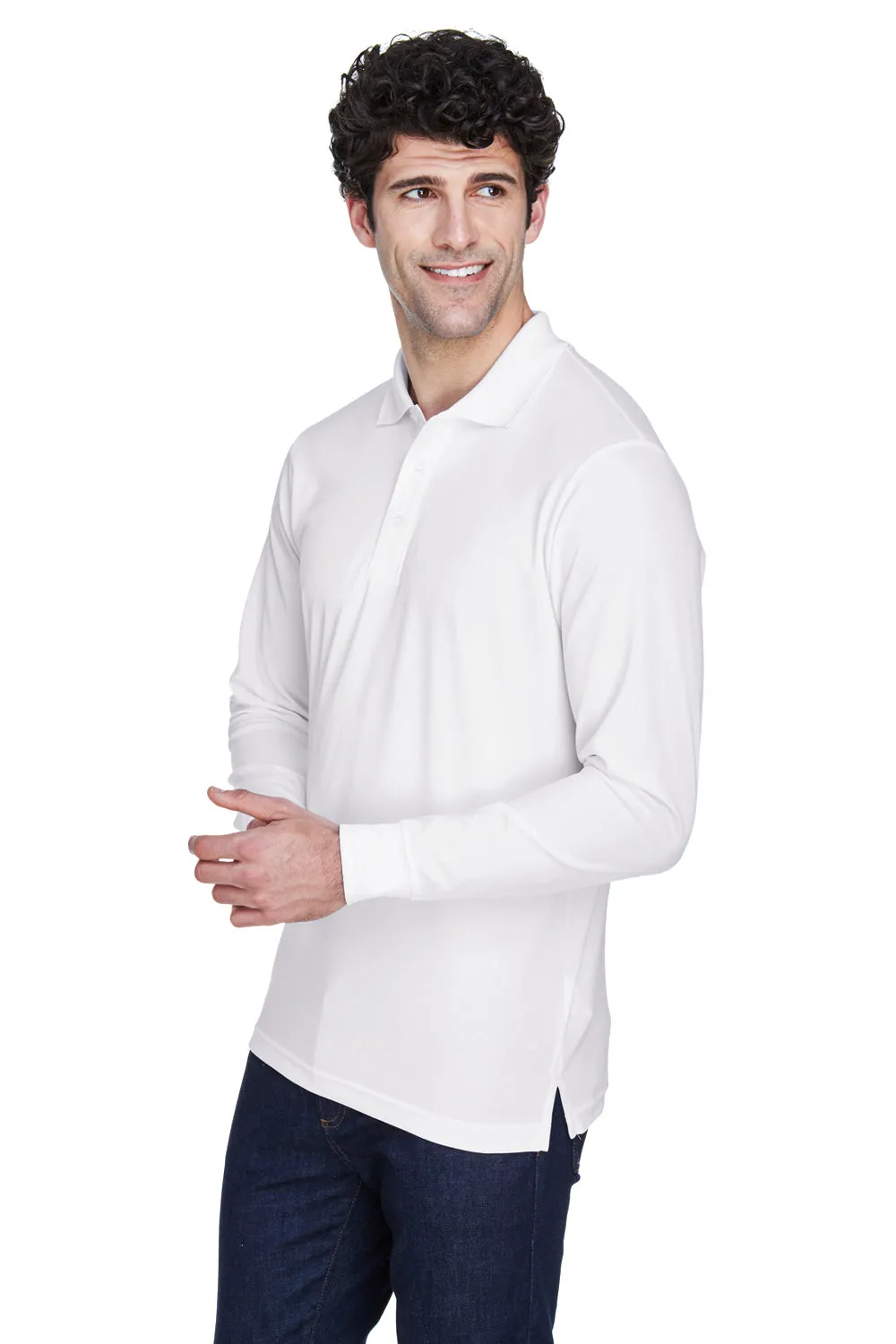 Core 365 Mens Pinnacle Performance Moisture Wicking Long Sleeve Polo Shirt - White