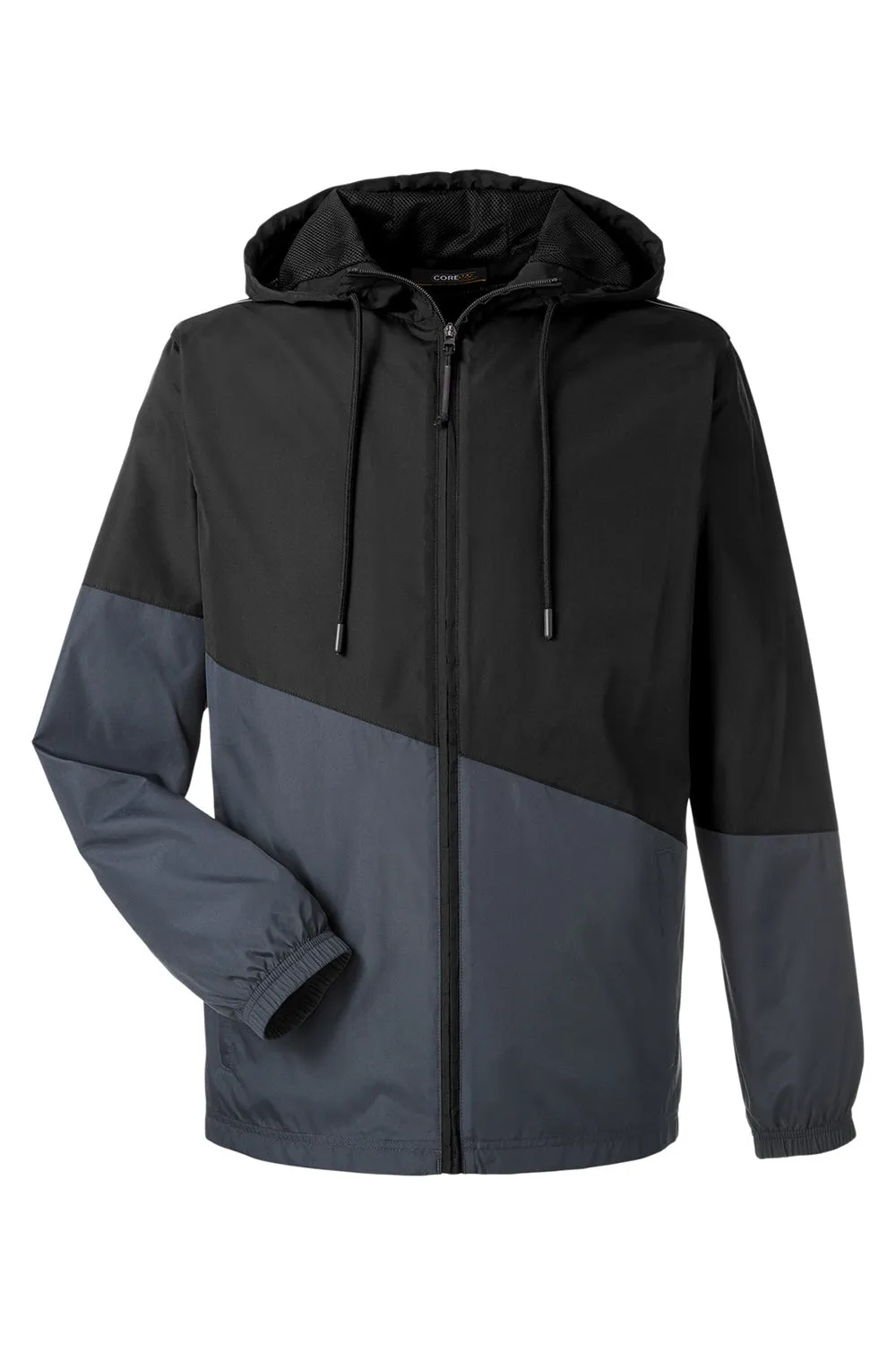 Core 365 Mens Techno Lite Water Resistant Colorblock Full Zip Hooded Windbreaker Jacket - Black/Carbon Grey