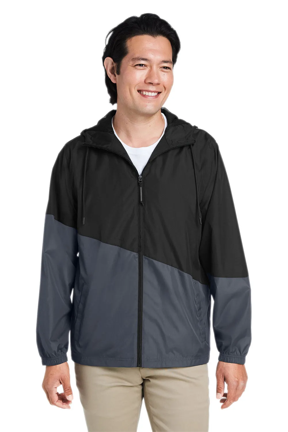 Core 365 Mens Techno Lite Water Resistant Colorblock Full Zip Hooded Windbreaker Jacket - Black/Carbon Grey