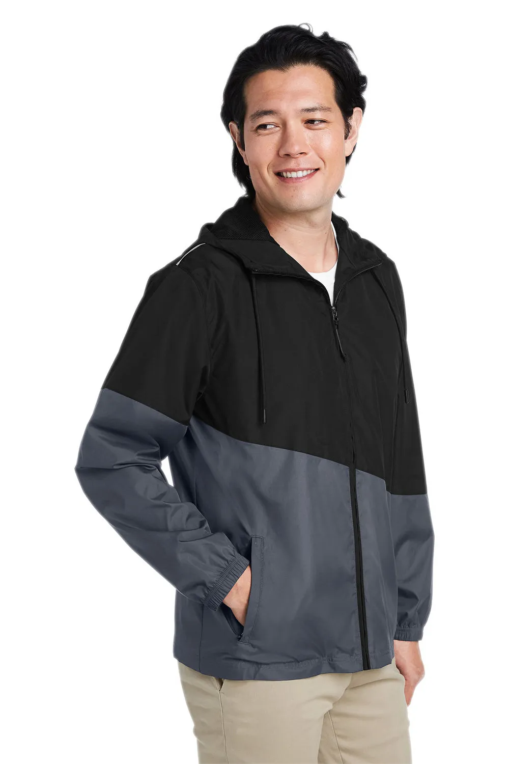 Core 365 Mens Techno Lite Water Resistant Colorblock Full Zip Hooded Windbreaker Jacket - Black/Carbon Grey