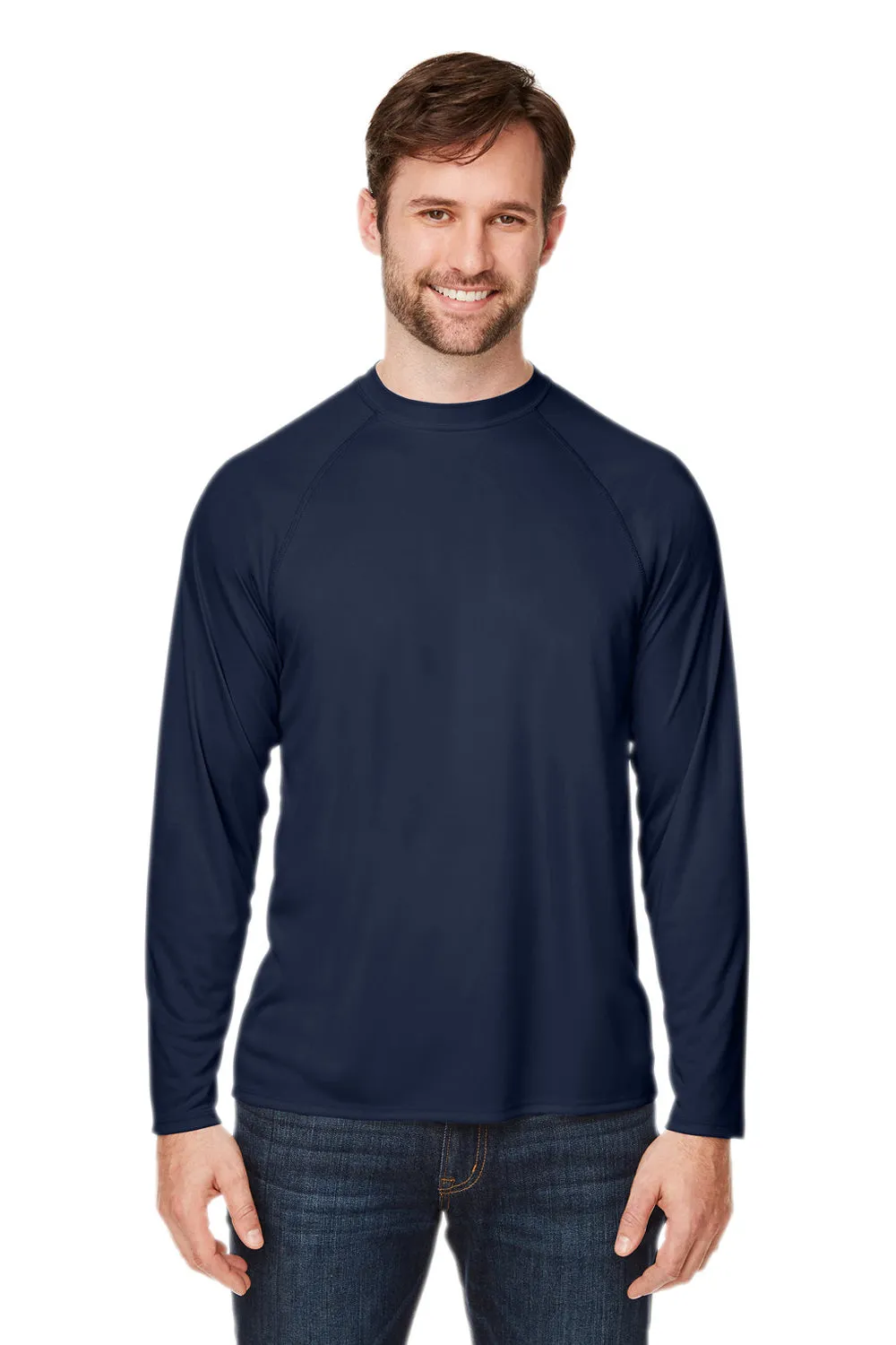 Core 365 Mens Ultra MVP Raglan Moisture Wicking Long Sleeve Crewneck T-Shirt - Classic Navy Blue