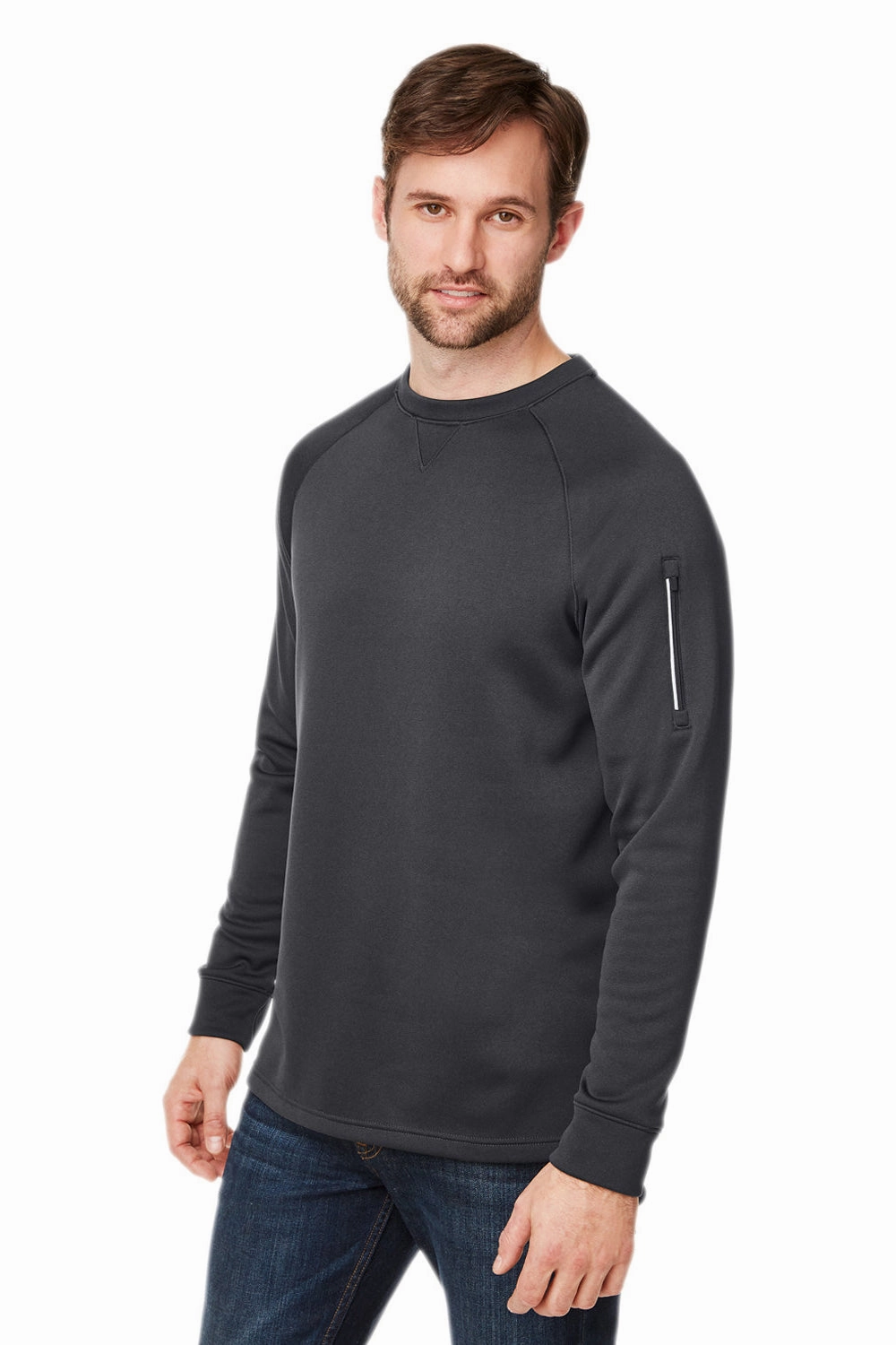 Core 365 Mens Fusion ChromaSoft Anti Static Fleece Crewneck Sweatshirt w/ Pocket - Carbon Grey - Closeout