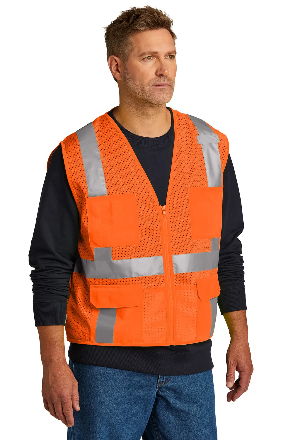 CornerStone Mens ANSI 107 Class 2 Mesh Zipper Vest w/ Pocket - Safety Orange
