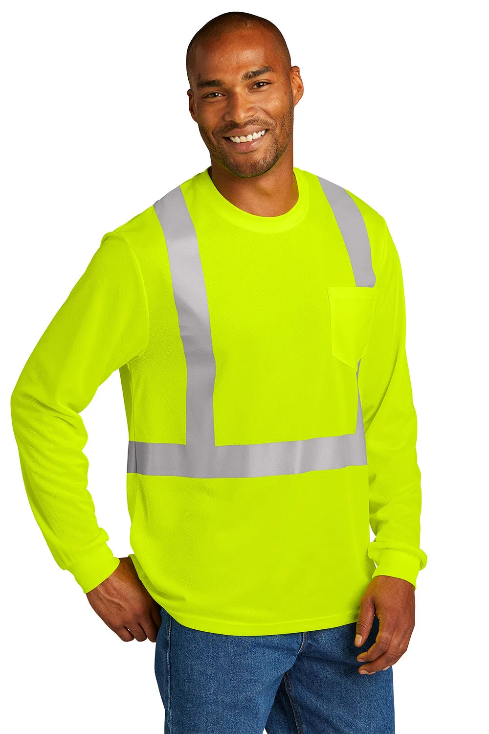CornerStone Mens ANSI 107 Class 2 Moisture Wicking Long Sleeve Crewneck T-Shirt w/ Pocket - Safety Yellow