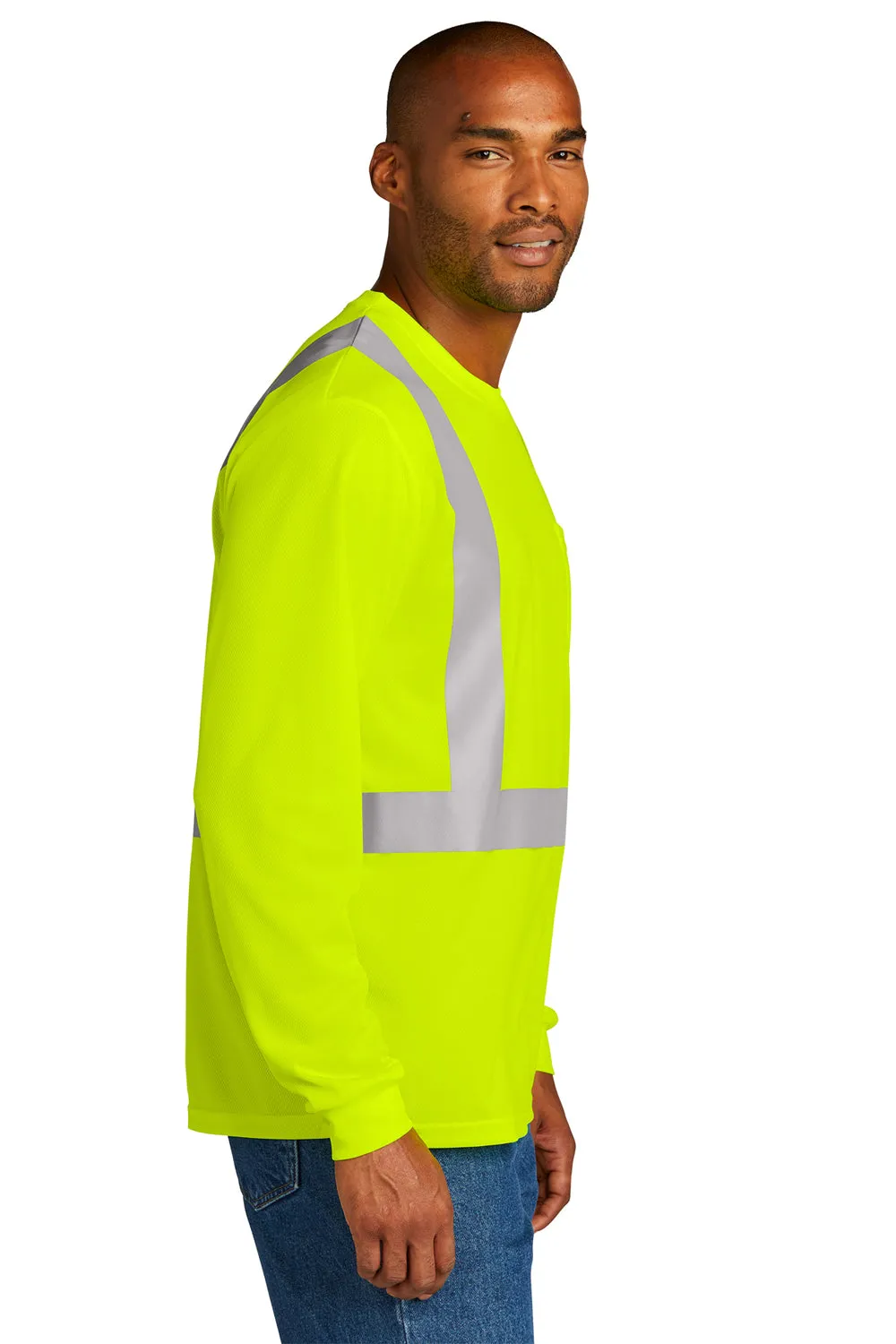 CornerStone Mens ANSI 107 Class 2 Moisture Wicking Long Sleeve Crewneck T-Shirt w/ Pocket - Safety Yellow