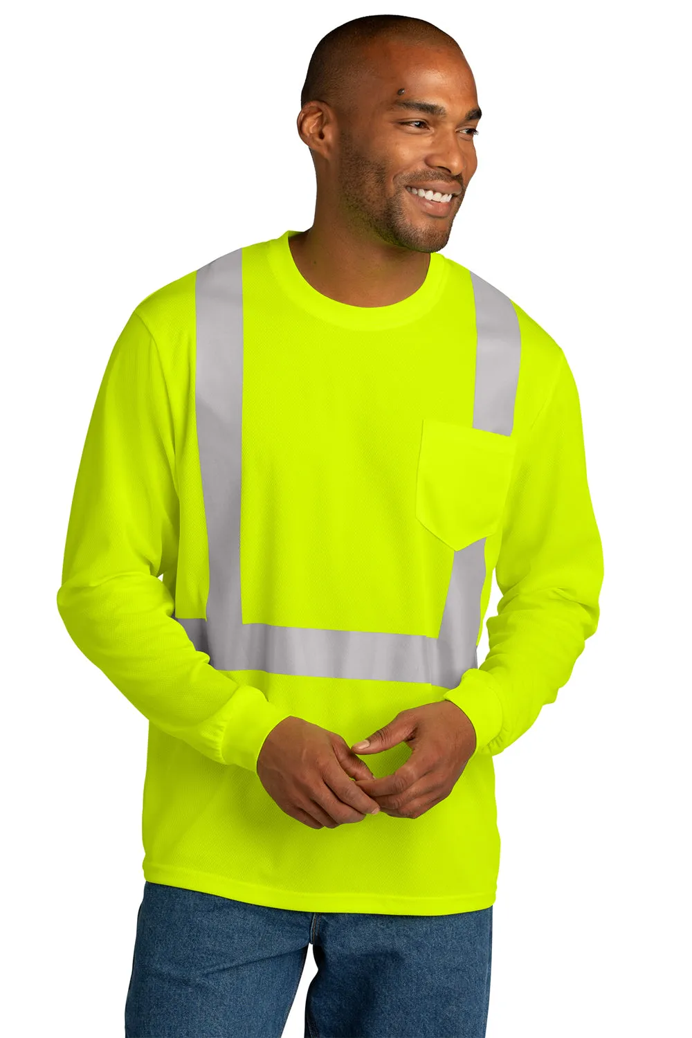 CornerStone Mens ANSI 107 Class 2 Moisture Wicking Long Sleeve Crewneck T-Shirt w/ Pocket - Safety Yellow