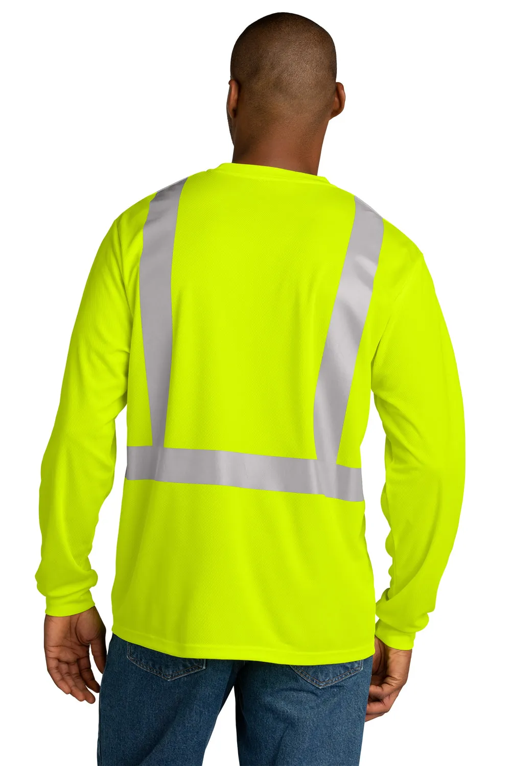 CornerStone Mens ANSI 107 Class 2 Moisture Wicking Long Sleeve Crewneck T-Shirt w/ Pocket - Safety Yellow