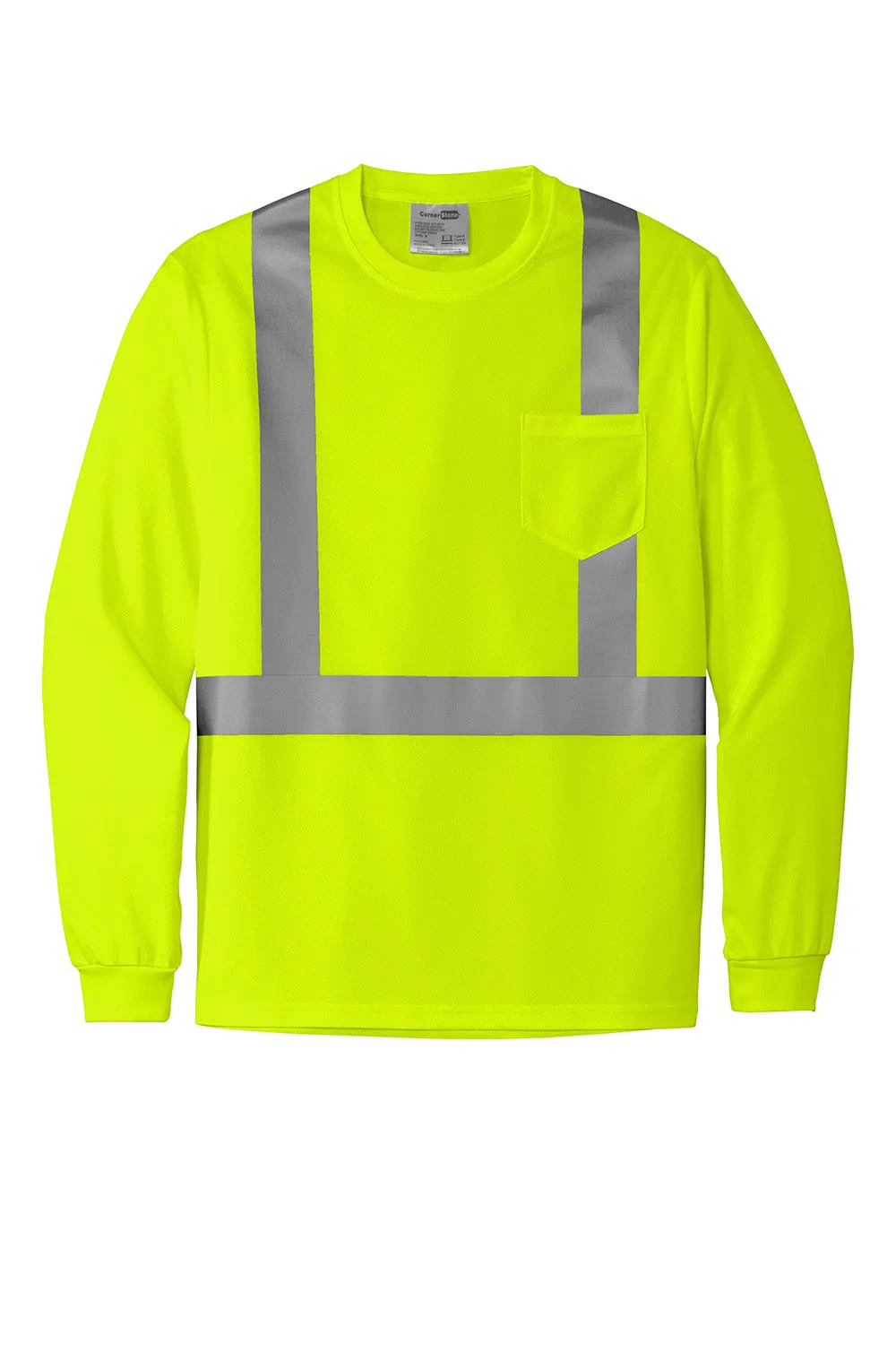 CornerStone Mens ANSI 107 Class 2 Moisture Wicking Long Sleeve Crewneck T-Shirt w/ Pocket - Safety Yellow