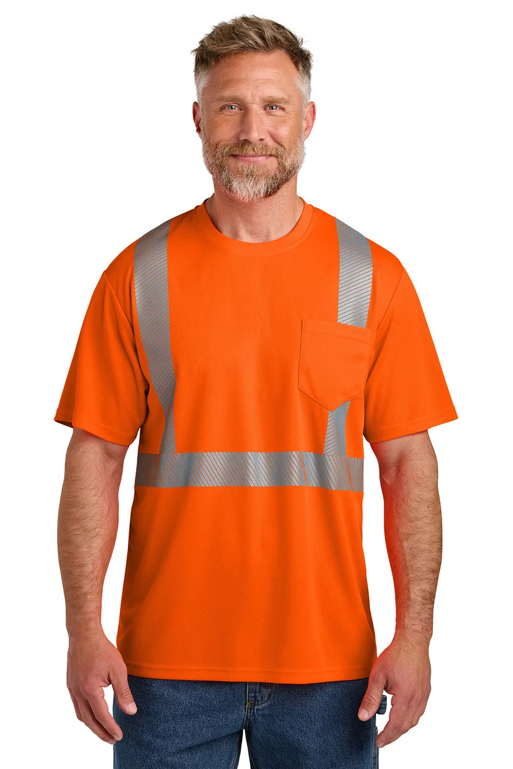 CornerStone Mens ANSI 107 Class 2 Moisture Wicking Short Sleeve Crewneck T-Shirt w/ Pocket - Safety Orange