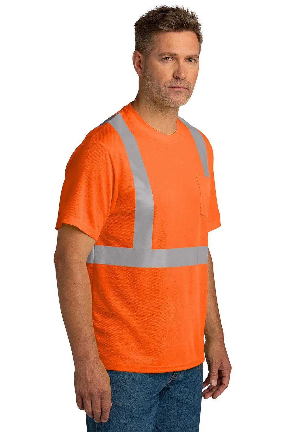 CornerStone Mens ANSI 107 Class 2 Moisture Wicking Short Sleeve Crewneck T-Shirt w/ Pocket - Safety Orange
