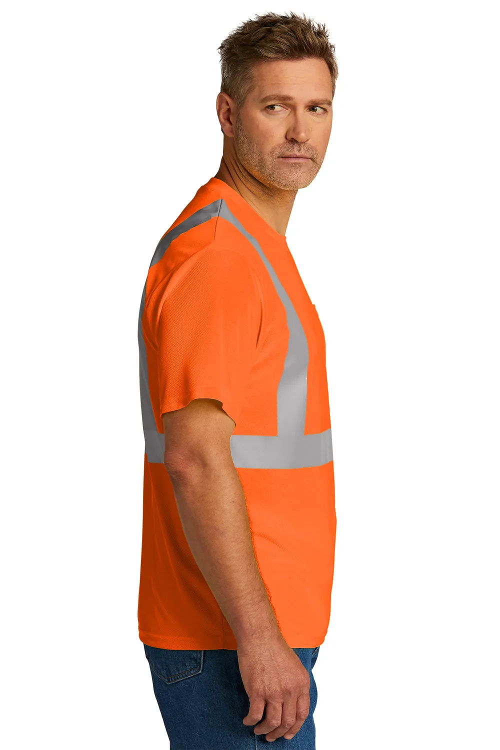 CornerStone Mens ANSI 107 Class 2 Moisture Wicking Short Sleeve Crewneck T-Shirt w/ Pocket - Safety Orange