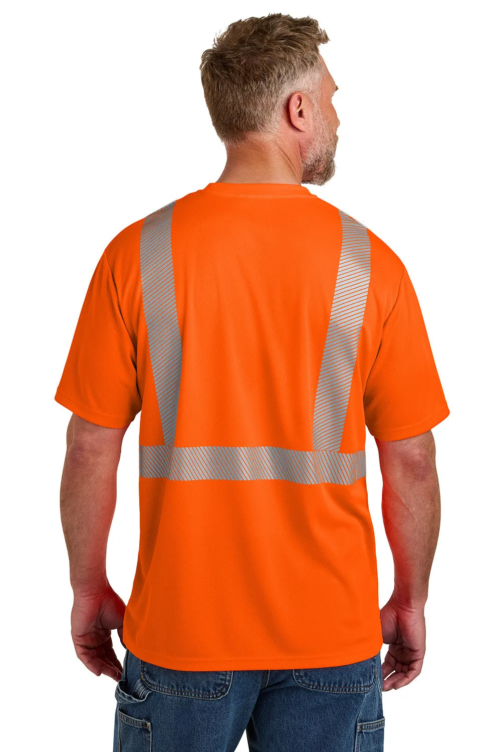 CornerStone Mens ANSI 107 Class 2 Moisture Wicking Short Sleeve Crewneck T-Shirt w/ Pocket - Safety Orange