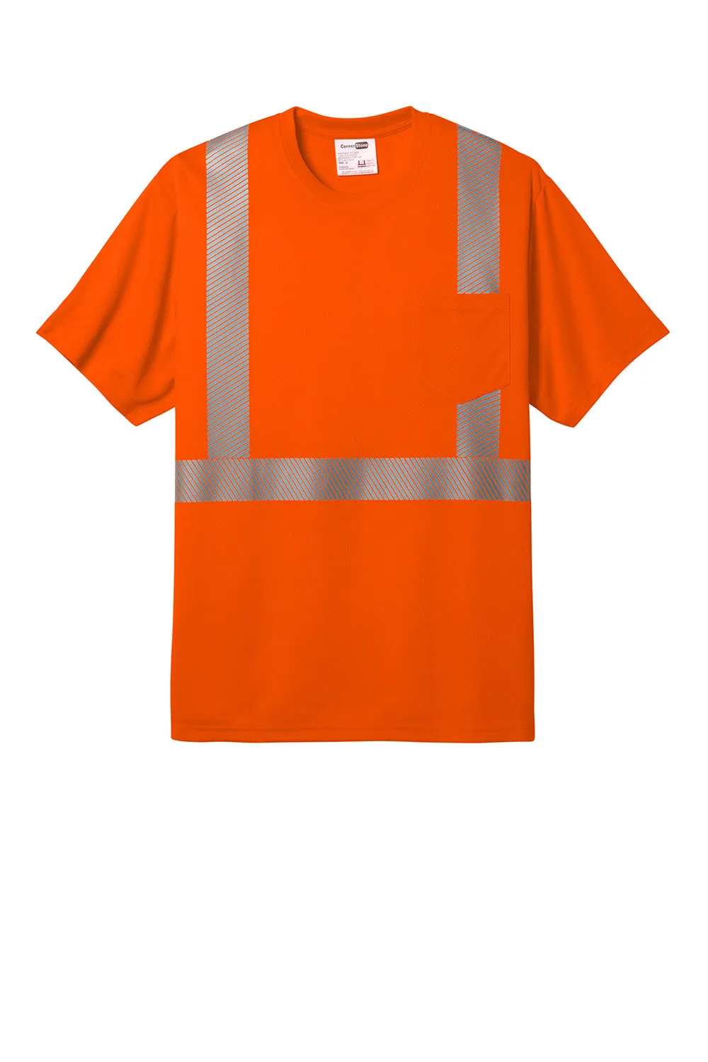 CornerStone Mens ANSI 107 Class 2 Moisture Wicking Short Sleeve Crewneck T-Shirt w/ Pocket - Safety Orange