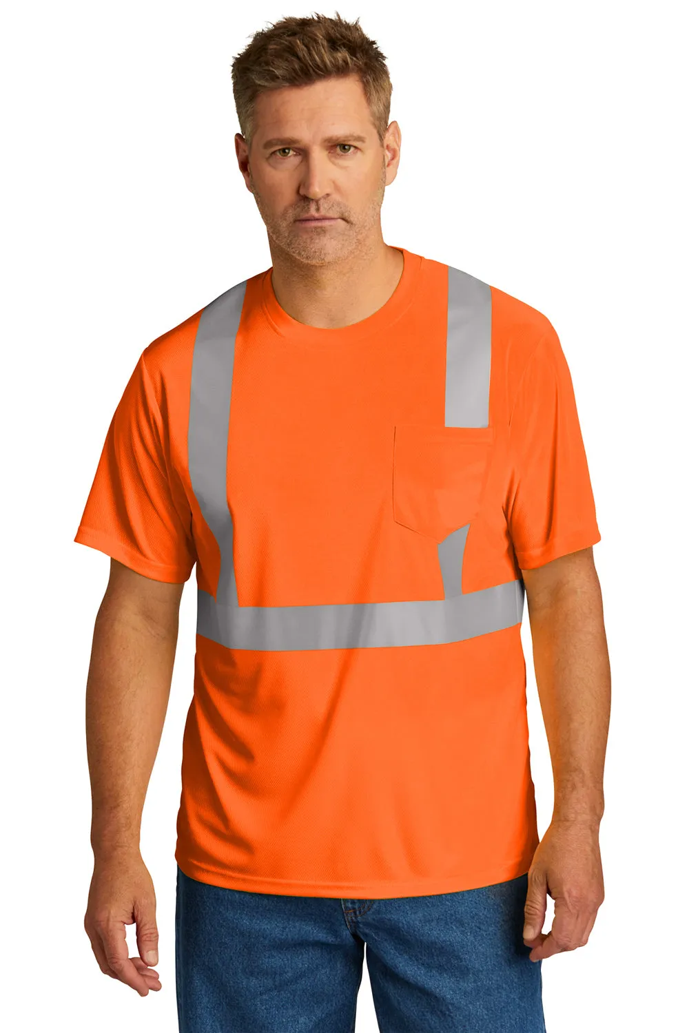 CornerStone Mens ANSI 107 Class 2 Moisture Wicking Short Sleeve Crewneck T-Shirt w/ Pocket - Safety Orange