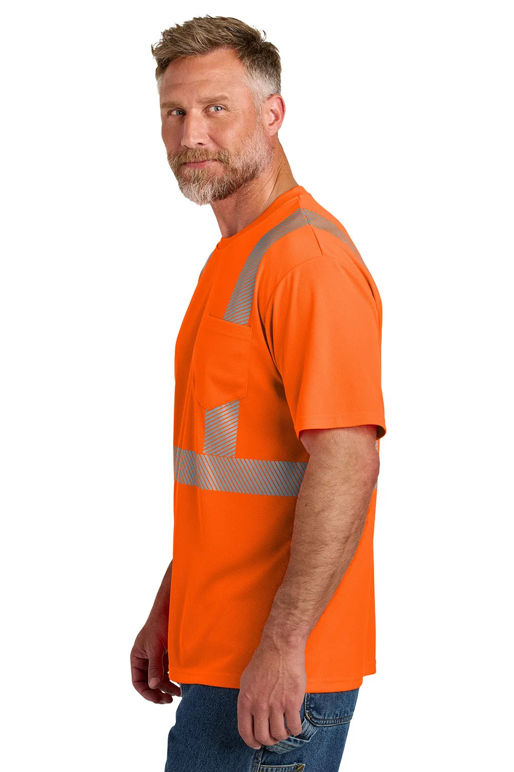 CornerStone Mens ANSI 107 Class 2 Moisture Wicking Short Sleeve Crewneck T-Shirt w/ Pocket - Safety Orange