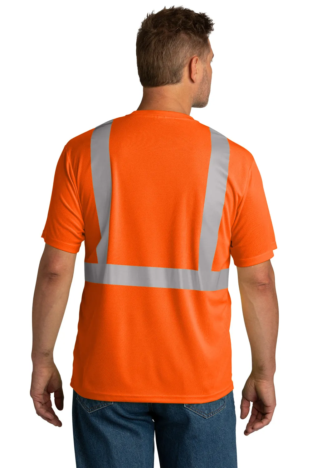 CornerStone Mens ANSI 107 Class 2 Moisture Wicking Short Sleeve Crewneck T-Shirt w/ Pocket - Safety Orange