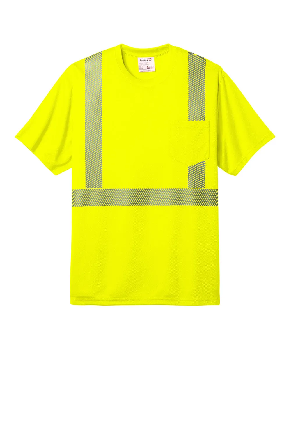 CornerStone Mens ANSI 107 Class 2 Moisture Wicking Short Sleeve Crewneck T-Shirt w/ Pocket - Safety Yellow