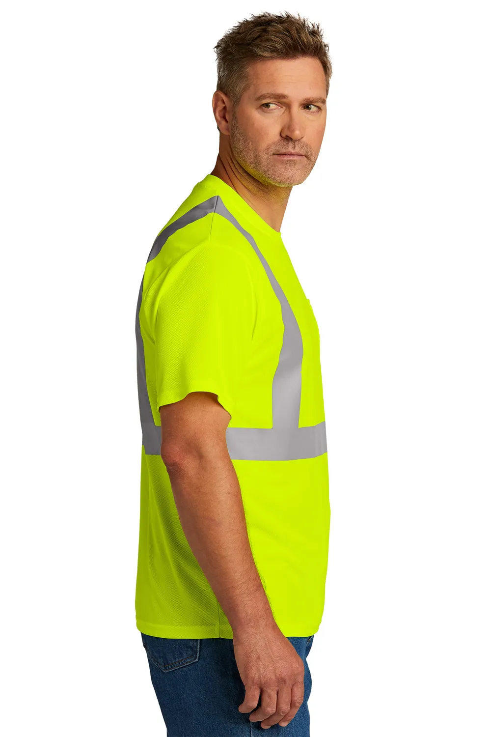 CornerStone Mens ANSI 107 Class 2 Moisture Wicking Short Sleeve Crewneck T-Shirt w/ Pocket - Safety Yellow