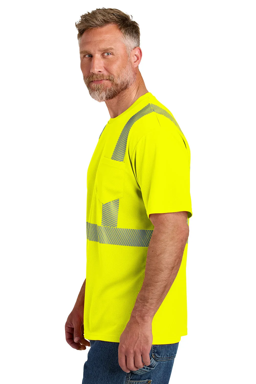 CornerStone Mens ANSI 107 Class 2 Moisture Wicking Short Sleeve Crewneck T-Shirt w/ Pocket - Safety Yellow