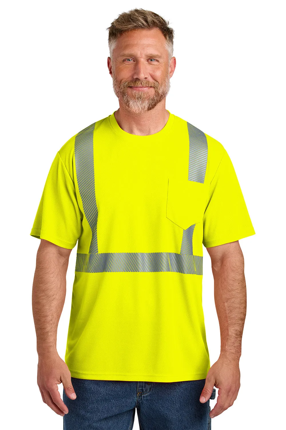 CornerStone Mens ANSI 107 Class 2 Moisture Wicking Short Sleeve Crewneck T-Shirt w/ Pocket - Safety Yellow