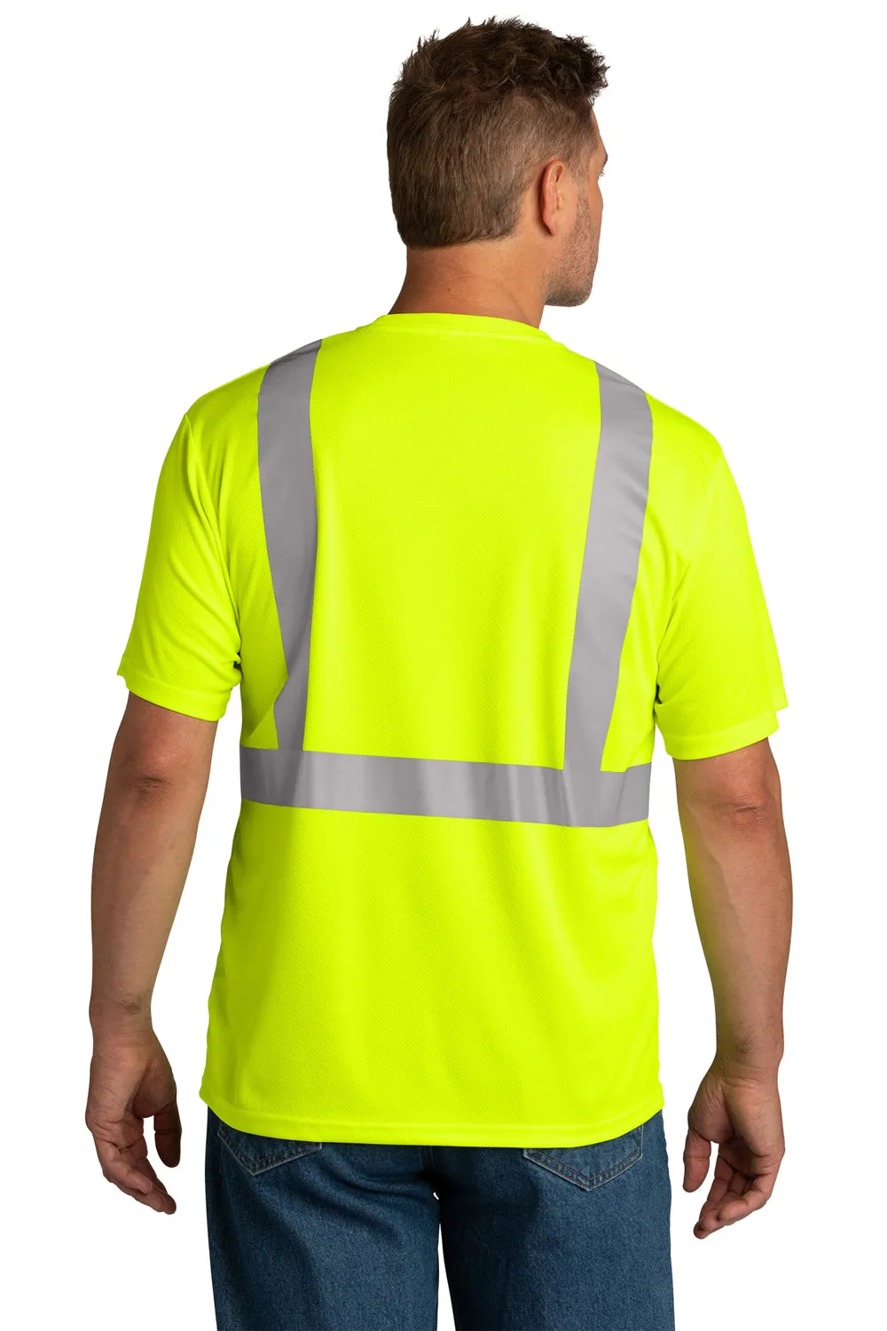 CornerStone Mens ANSI 107 Class 2 Moisture Wicking Short Sleeve Crewneck T-Shirt w/ Pocket - Safety Yellow