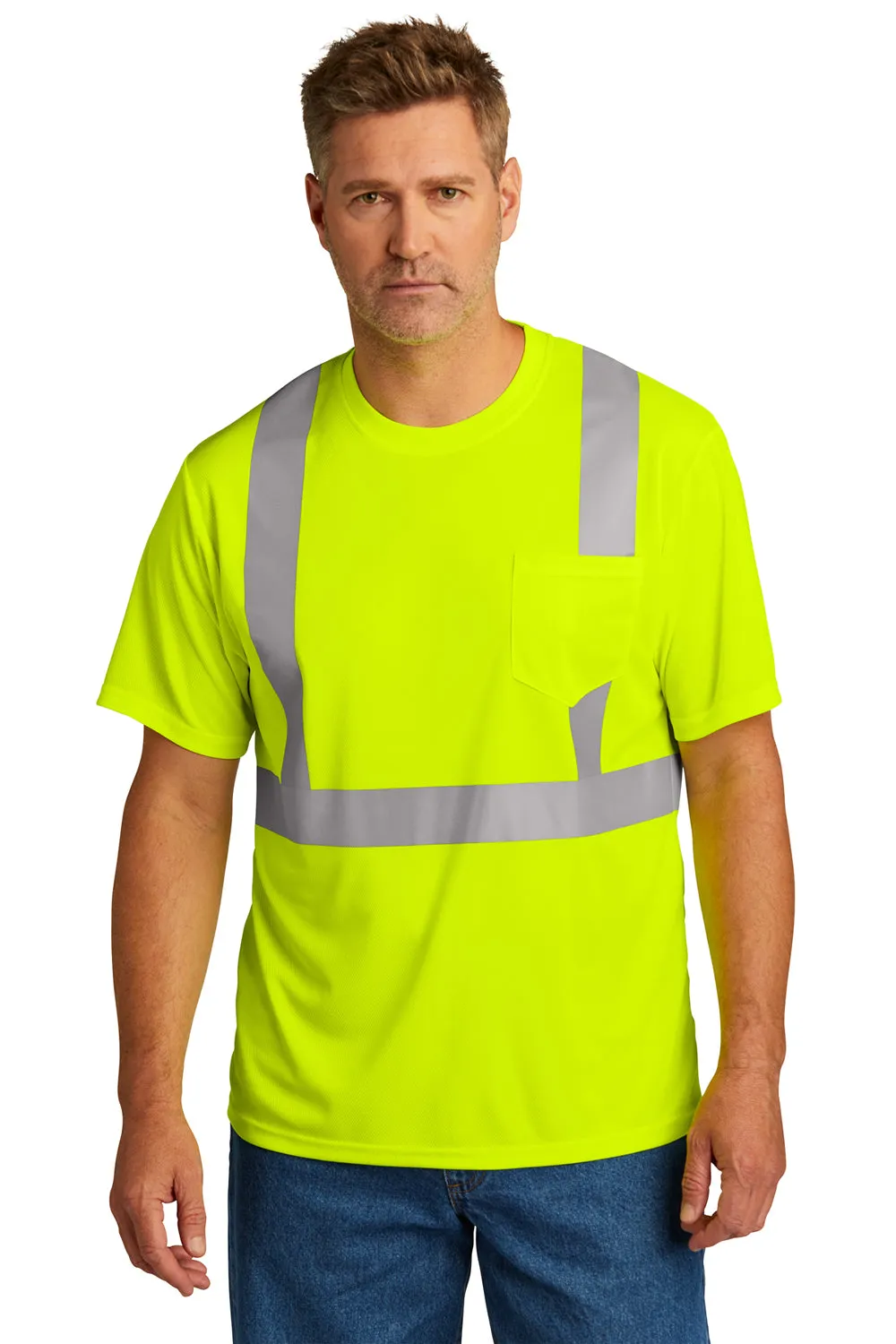 CornerStone Mens ANSI 107 Class 2 Moisture Wicking Short Sleeve Crewneck T-Shirt w/ Pocket - Safety Yellow