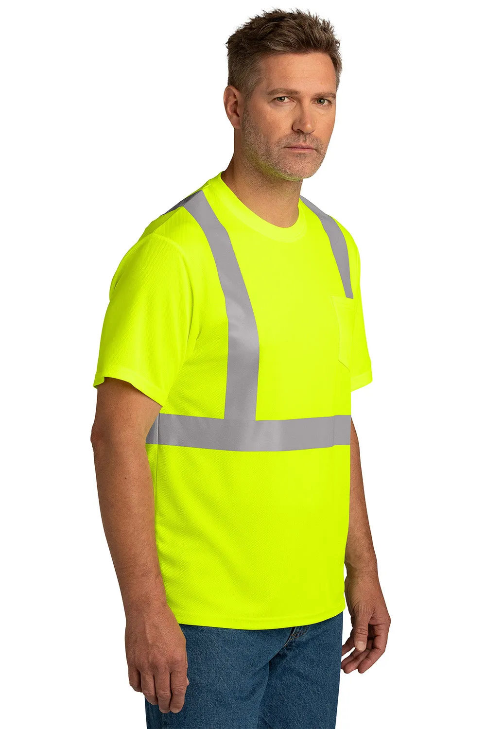 CornerStone Mens ANSI 107 Class 2 Moisture Wicking Short Sleeve Crewneck T-Shirt w/ Pocket - Safety Yellow