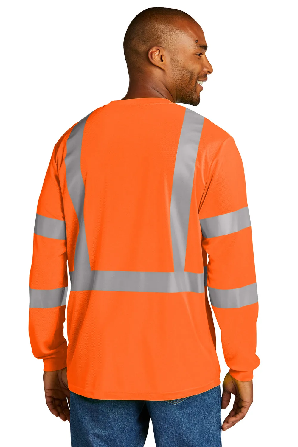 CornerStone Mens ANSI 107 Class 3 Moisture Wicking Long Sleeve Crewneck T-Shirt w/ Pocket - Safety Orange