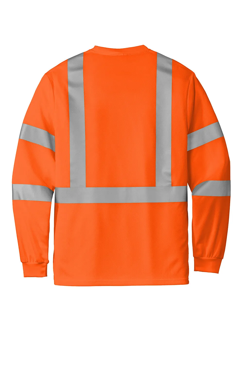 CornerStone Mens ANSI 107 Class 3 Moisture Wicking Long Sleeve Crewneck T-Shirt w/ Pocket - Safety Orange