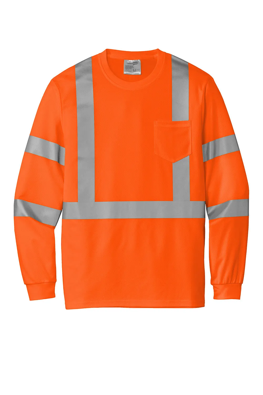 CornerStone Mens ANSI 107 Class 3 Moisture Wicking Long Sleeve Crewneck T-Shirt w/ Pocket - Safety Orange