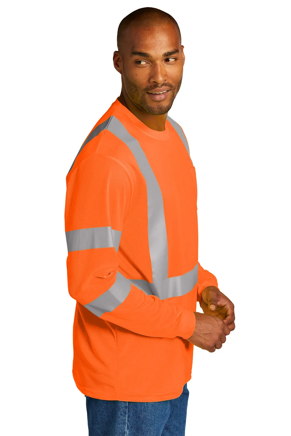 CornerStone Mens ANSI 107 Class 3 Moisture Wicking Long Sleeve Crewneck T-Shirt w/ Pocket - Safety Orange