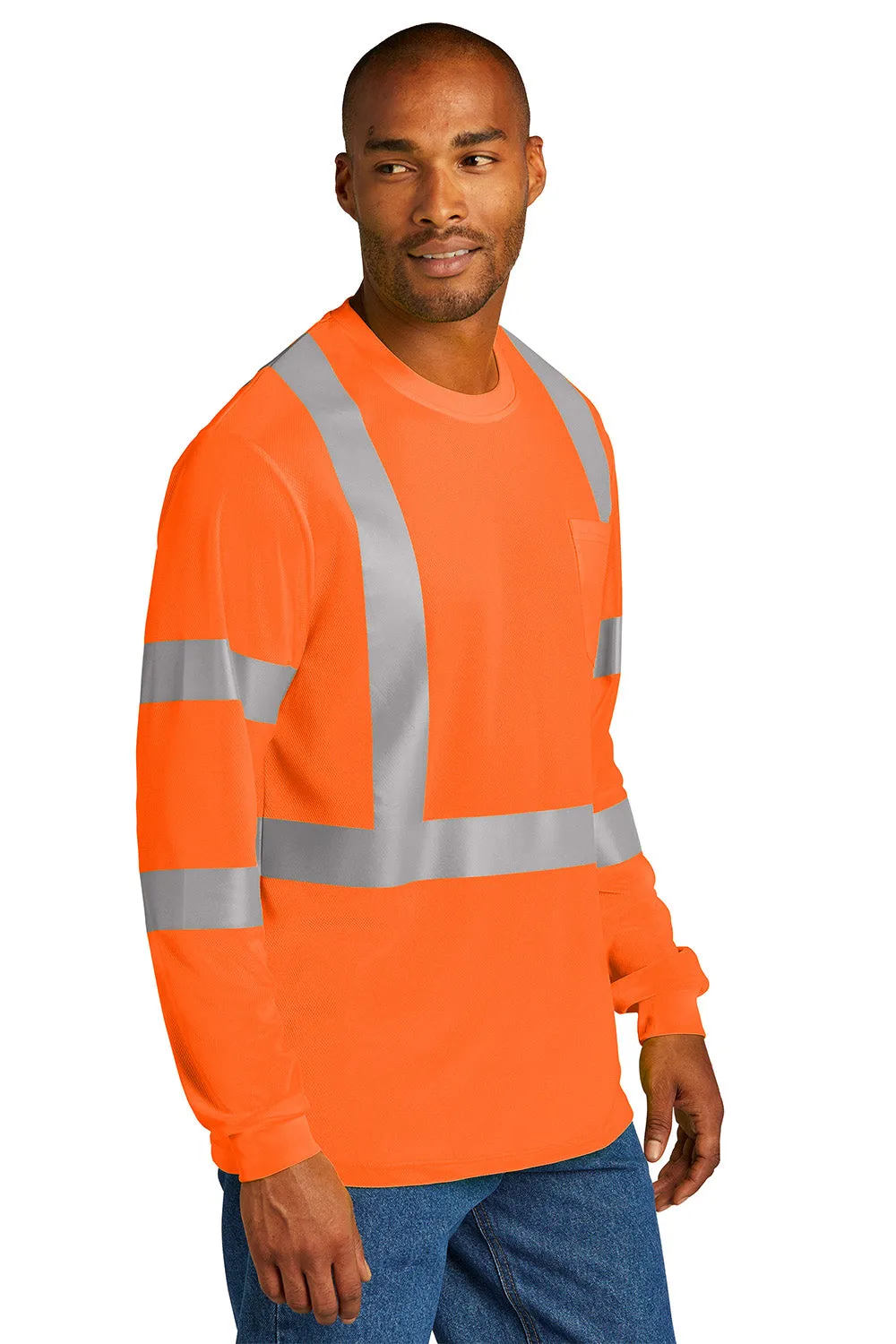 CornerStone Mens ANSI 107 Class 3 Moisture Wicking Long Sleeve Crewneck T-Shirt w/ Pocket - Safety Orange