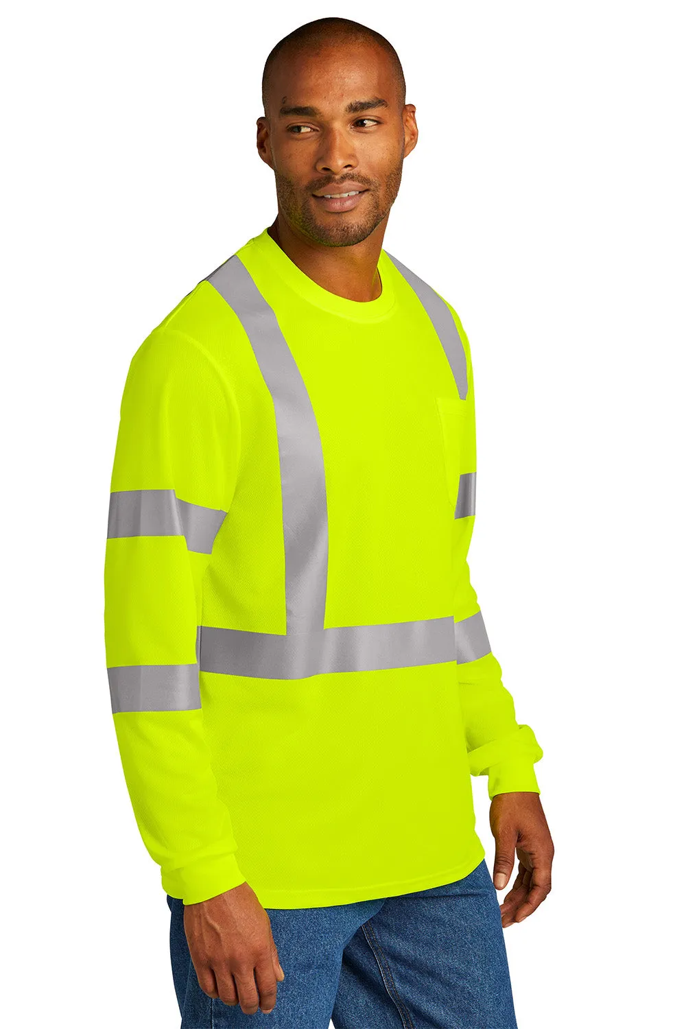 CornerStone Mens ANSI 107 Class 3 Moisture Wicking Long Sleeve Crewneck T-Shirt w/ Pocket - Safety Yellow