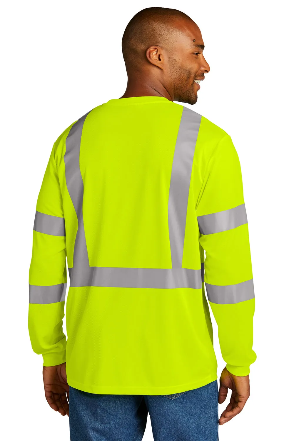 CornerStone Mens ANSI 107 Class 3 Moisture Wicking Long Sleeve Crewneck T-Shirt w/ Pocket - Safety Yellow