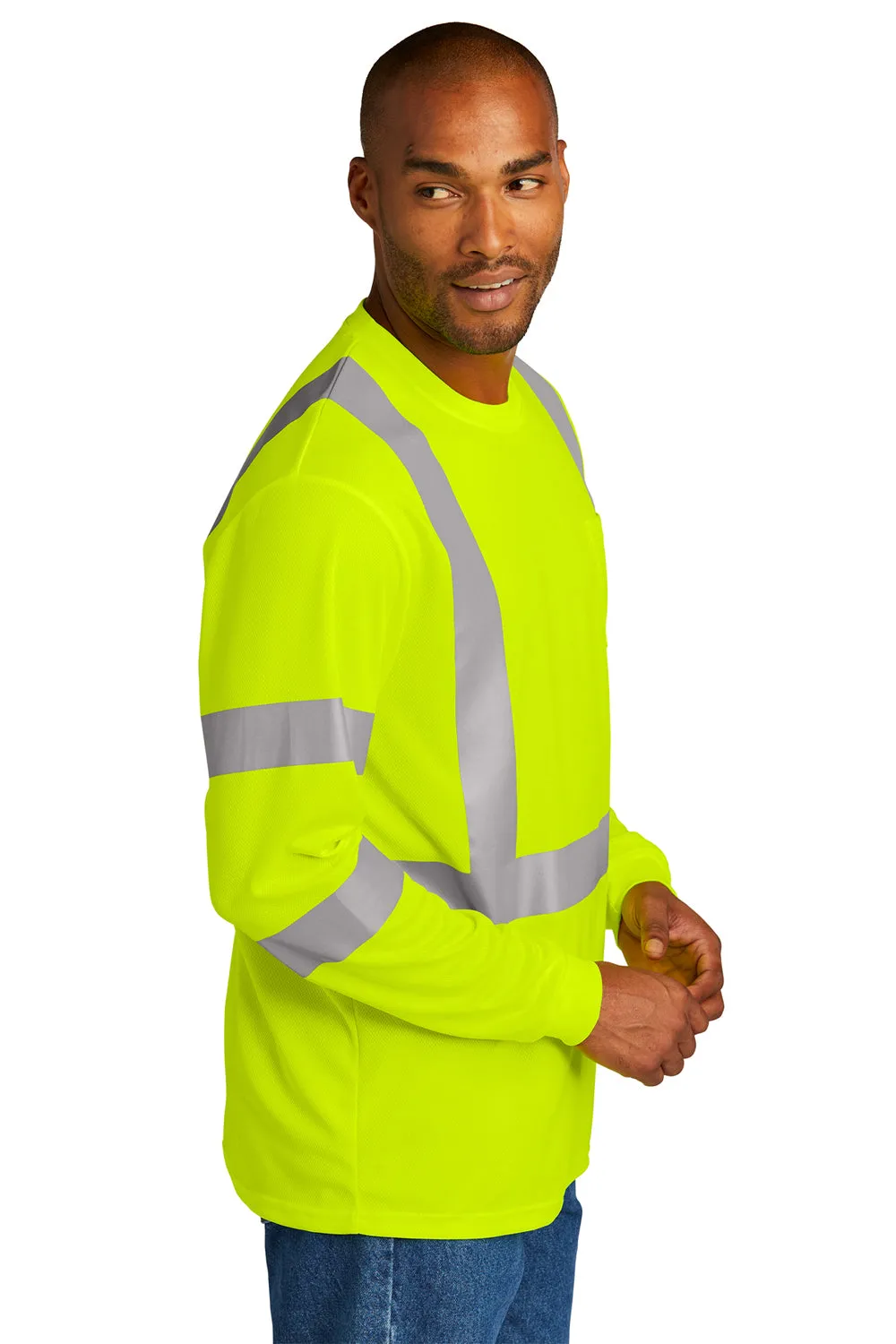 CornerStone Mens ANSI 107 Class 3 Moisture Wicking Long Sleeve Crewneck T-Shirt w/ Pocket - Safety Yellow