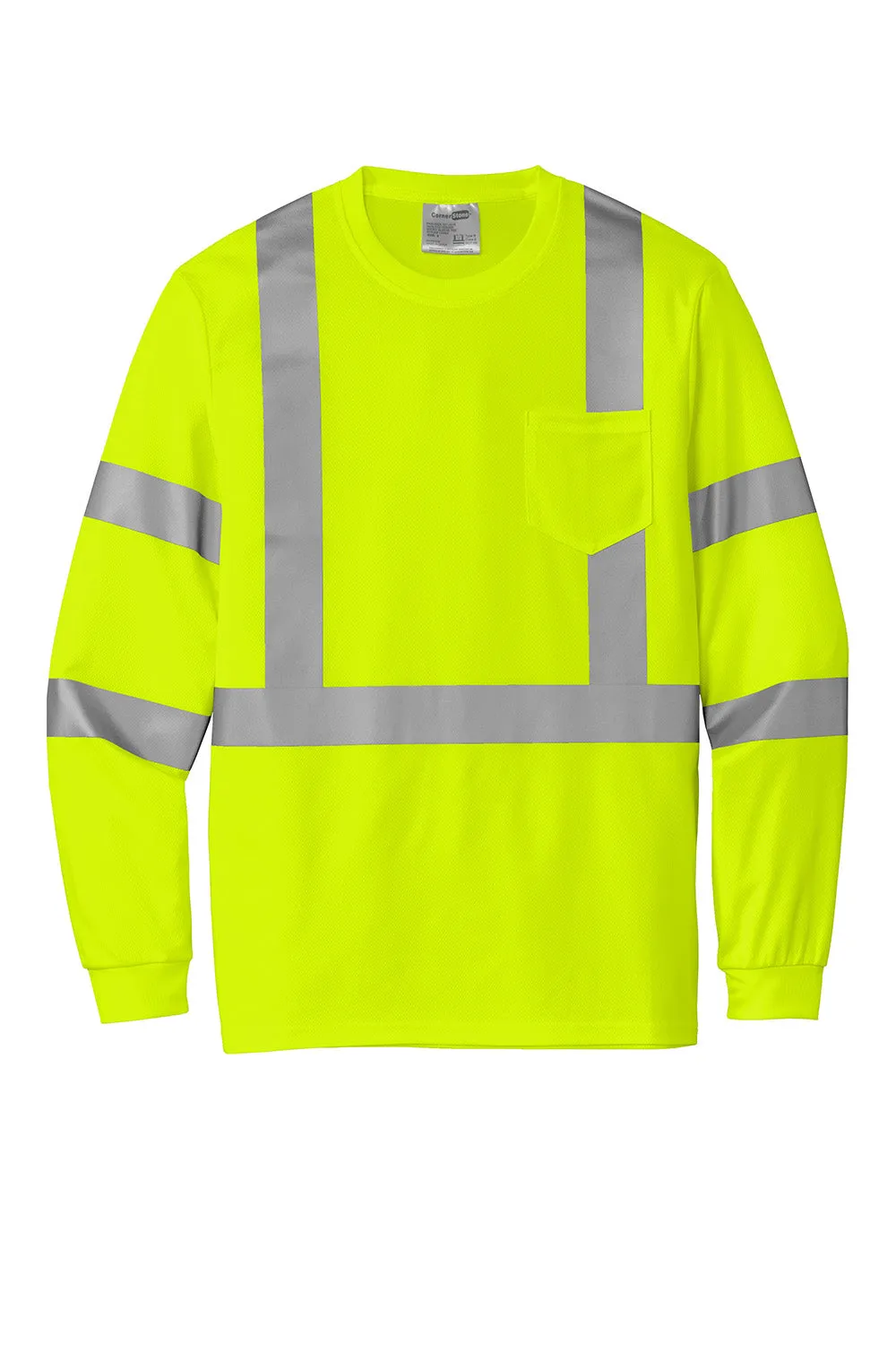 CornerStone Mens ANSI 107 Class 3 Moisture Wicking Long Sleeve Crewneck T-Shirt w/ Pocket - Safety Yellow