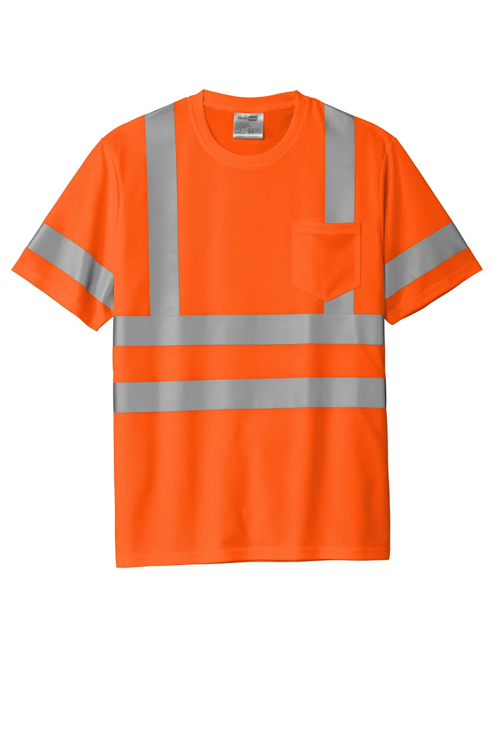 CornerStone Mens ANSI 107 Class 3 Moisture Wicking Short Sleeve Crewneck T-Shirt w/ Pocket - Safety Orange