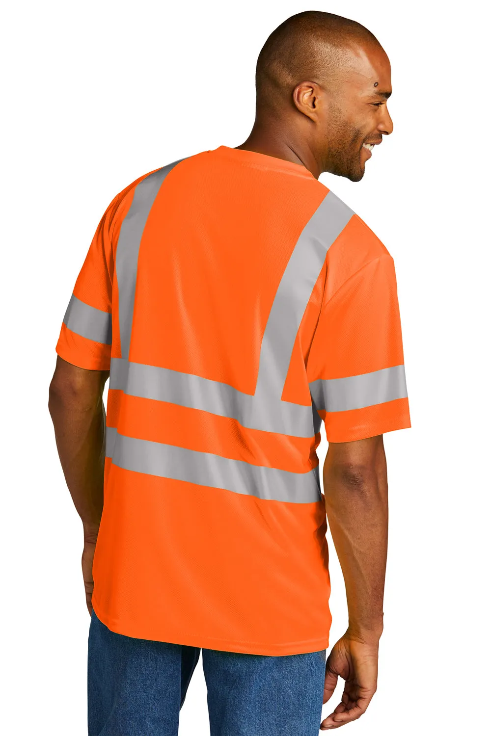 CornerStone Mens ANSI 107 Class 3 Moisture Wicking Short Sleeve Crewneck T-Shirt w/ Pocket - Safety Orange