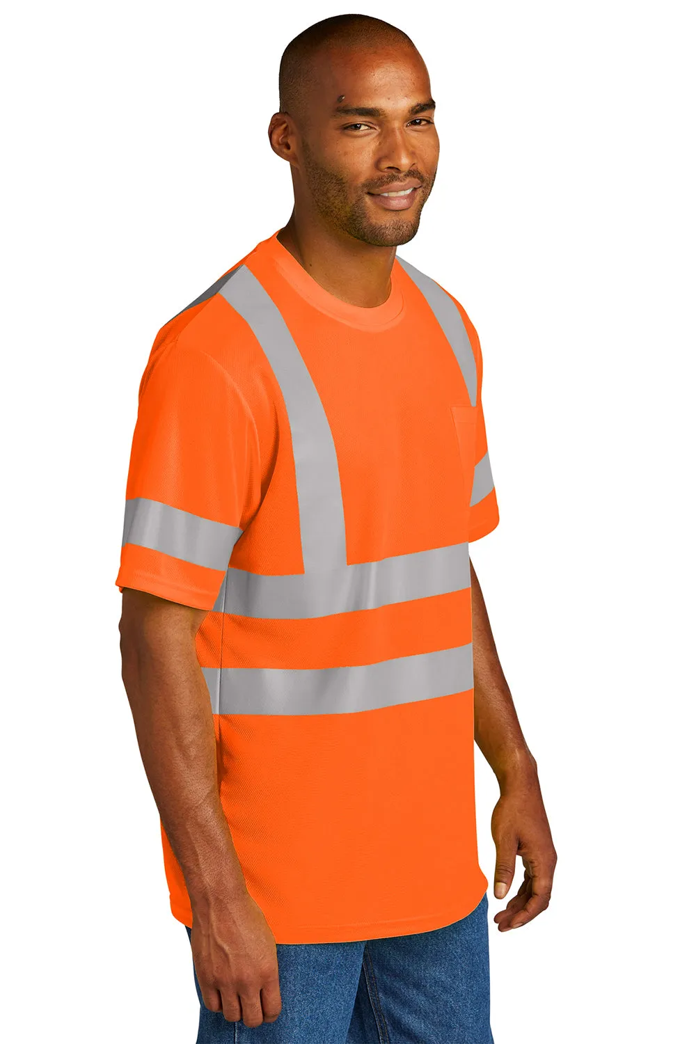 CornerStone Mens ANSI 107 Class 3 Moisture Wicking Short Sleeve Crewneck T-Shirt w/ Pocket - Safety Orange