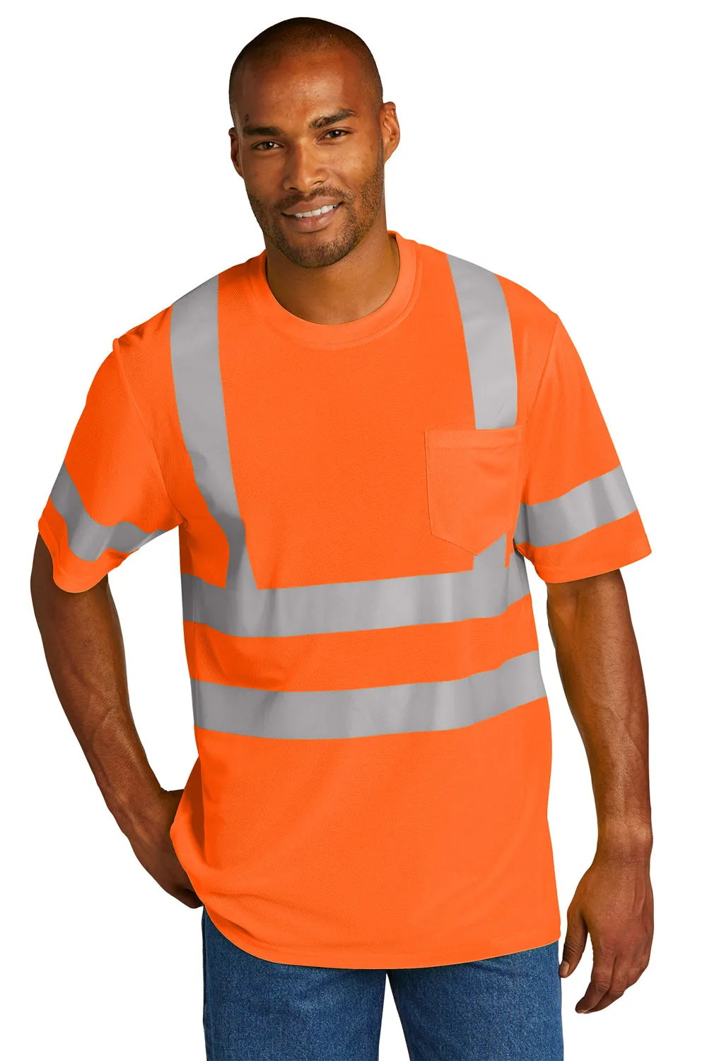 CornerStone Mens ANSI 107 Class 3 Moisture Wicking Short Sleeve Crewneck T-Shirt w/ Pocket - Safety Orange