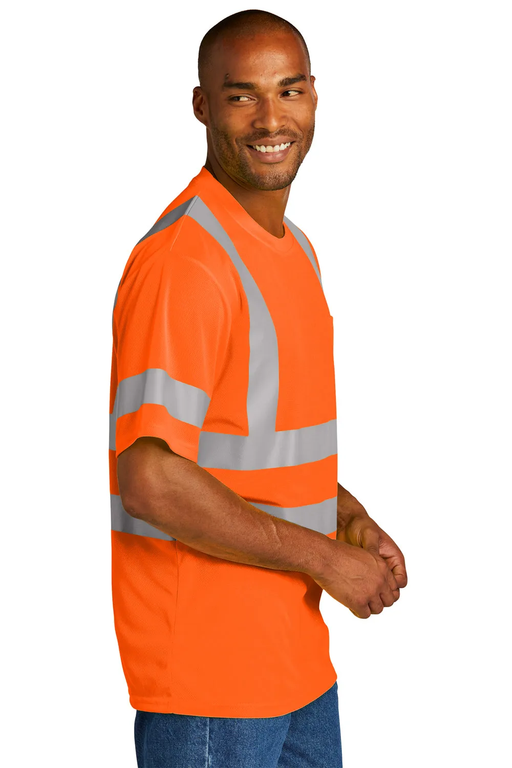 CornerStone Mens ANSI 107 Class 3 Moisture Wicking Short Sleeve Crewneck T-Shirt w/ Pocket - Safety Orange